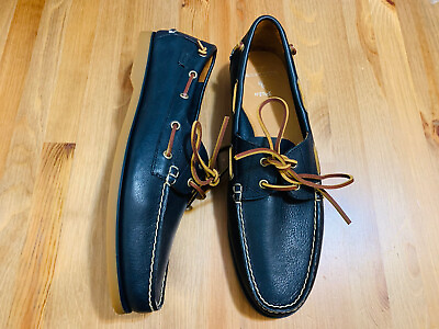 #ad Ralph Lauren Polo Merton slip on leather boat shoes navy blue NWOB size 14 $79.99