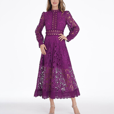 #ad Spring Women Elegant Slim Dress Lace Hollow Embroidery Long Sleeve Design Skirt $110.75