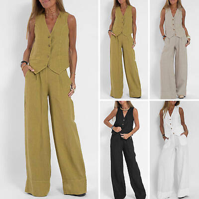 #ad Women Suit Cotton Linen Long Pants Vest Set Autumn Summer Casual Fashion Outfit $44.36
