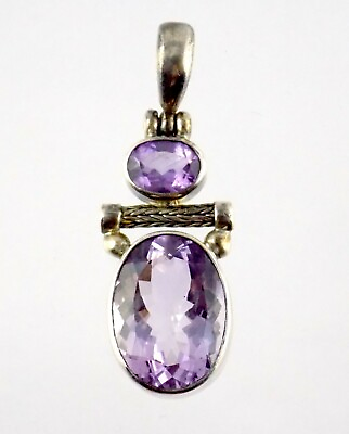 #ad Sterling Silver Dual Amethyst Pendant Oval Cut Purple Gemstones 925 10G $46.40