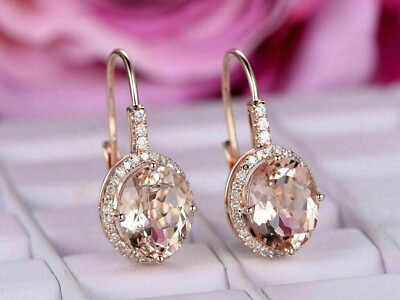 #ad Oval Cut Lab Created Morganite Diamond Women#x27;s Hoop Earring 14K Rose Gold Plated $67.49
