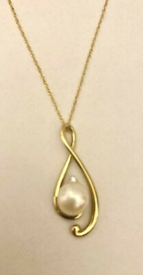 #ad 14k Yellow Gold Cultured Freshwater Pearl Swirl Drop Pendant With Diamond Accent $375.00