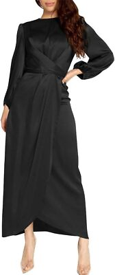 #ad PINUPART Women#x27;s Elegant Empire Waist Long Sleeve Satin Maxi Dress $114.68