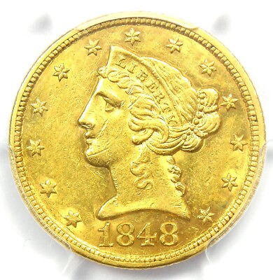 #ad 1848 Liberty Gold Half Eagle $5 Coin Certified PCGS AU58 $2000 Value $1800.25