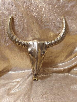 #ad Vintage Mid Century Brass plated Aluminum Texas Longhorn Skull Head Wall Art $100.00