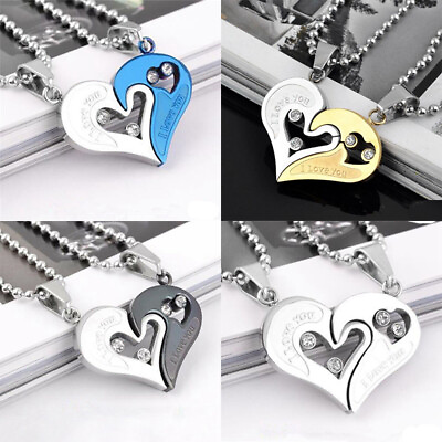 #ad Stainless Steel His and Hers Heart Couple Pendant I Love You Necklace Men Women $5.38