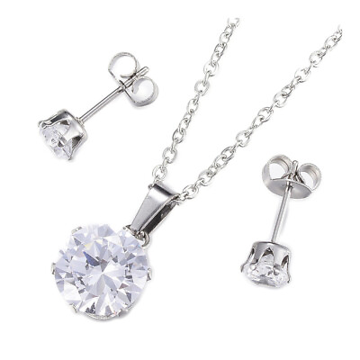 #ad Stainless Steel Set Pendant Necklace Earrings Zirconia Flat Round 17.7quot; P867 $8.99