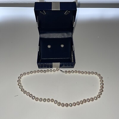 #ad REAL Round Natural White Cultured Pearl 17quot; Strand Necklace W Matching Earring $200.00