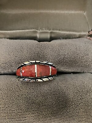 #ad STERLING SILVER 925 SILVER LACED BAND RING SIZE 7 WITH INLAY CORAL 10MM WIDE $42.95
