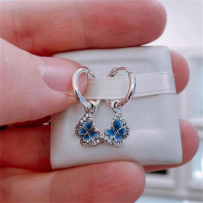 #ad Authentic 100% 925 Sterling Silver Blue Butterfly Hoop Drop CZ Earrings $19.94