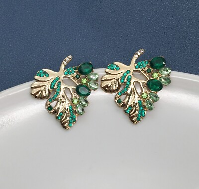 #ad Women#x27;s Green Crystal Rhinestone Leaf Fashion Stud Earrings $6.99