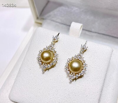 #ad Gorgeous HUGE AAAAA 9 10mm South Sea Golden Stud Pearl Earring 925s.. $28.00