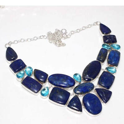 #ad 925 Silver Plated Lapis Lazuli Blue Topaz Big Cluster Necklace Jewelry 18quot; GW $23.99