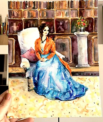 #ad Original Watercolor Painting Elegant Woman in a Blue Dress Sitting in Armchair $45.00