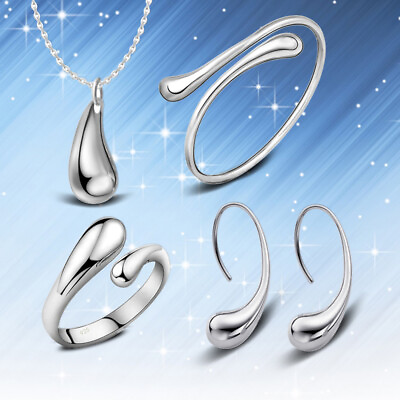 #ad 4 Pcs Silver Teardrop Necklace Ring Gifts for The Family Friend Water $8.73