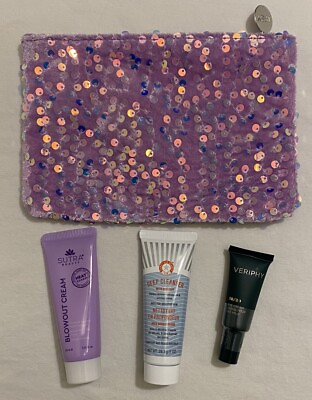 #ad IPSY Glam Bag Purple Sequins W 3 Trial Size Blowout Cream Cleanser Eye Cream NEW $9.99