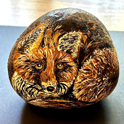 #ad Hand Painted Orange Brown Fox Round on River Rock Stone Yellow Eyes OOAK $24.99