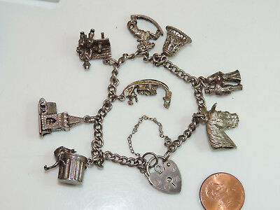 #ad Vtg Sterling Silver 8 Charms 7.25quot; Bracelet Heart Padlock Moveable Cg 80 $143.99
