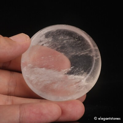 #ad 95g52mm Natural Clear Quartz Crystal Coin Palm Worry Stone Healing Chakra Reiki $14.24