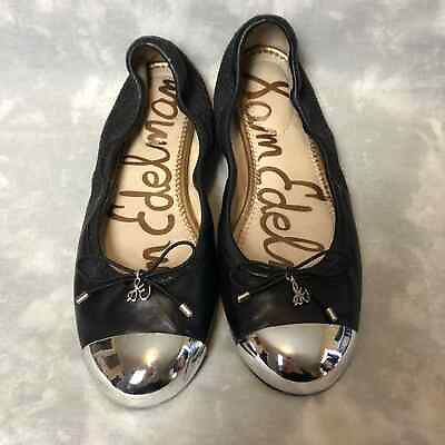 #ad Sam Edelman FairLeigh Black Leather Flats with Silver Toe Bow SE Charm Size 6.5 $12.00