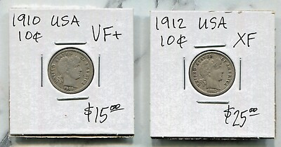 #ad USA TWO BEAUTIFUL HISTORICAL BARBER SILVER DIMES 1910 12 KM# 113 $32.45