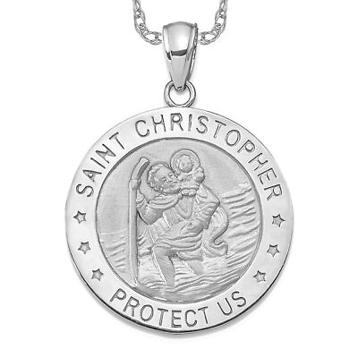 #ad 14K White Gold Christopher Medal Necklace Charm Pendant Chain 24 inch $457.00