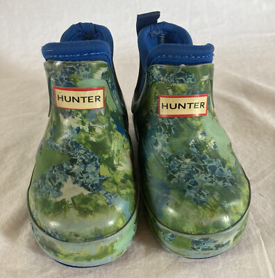 #ad Hunter Unisex Green Blue Abstract Print Short Rain Boots Kids Size 6 EUC $21.99
