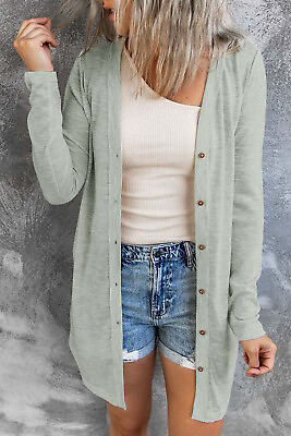 #ad Cali Chic Solid Color Open Front Buttons Cardigan Lt Green $10.99