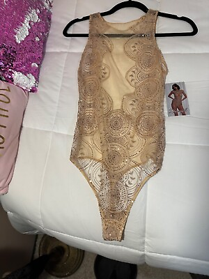 #ad Hustler Hollywood Lingerie Sexy One Piece Bodysuit Sheer Buff L $15.99