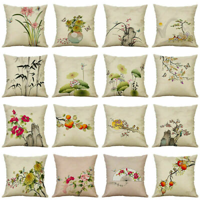 #ad 18#x27;#x27; Pillow Case Chinese Wash Painting Cotton Linen Throw Home Decor $7.76