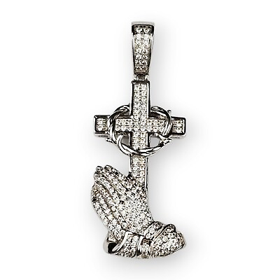 #ad Christian Sterling Cross Pendant Praying Hands Pave CZ 925 Silver BSI 1.76quot; FLAW $59.95