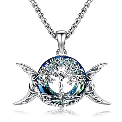 #ad 925 Sterling Silver Tree Life Moon Goddess Pendant Austrian Crystal Necklace $42.99