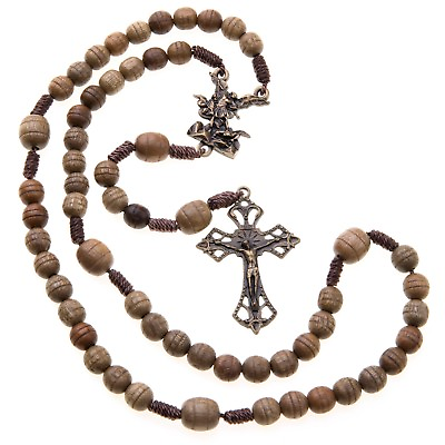 #ad St Michael Wood Rosary Brown Beads Corded Catholic 7mm Hail Mary Women#x27;s Size $12.65