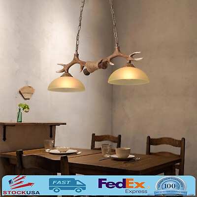 #ad 2 Lights Deer Horn Chandelier Antler Hanging Lamp Pendant Light Ceiling Fixture $66.83