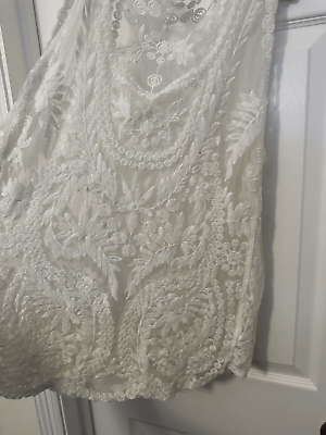 #ad Ivory Mesh Lace Embroidered Romantic Long Top Women L $15.00