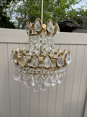 #ad Vintage Brass amp; Crystals Prisms Small Chandelier Lighting Ceiling Lamp Pendant $149.97
