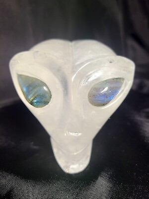 #ad 3quot; Clear Quartz Crystal Labradorite Eyes Alien Head Carving Star Being UFO $46.00