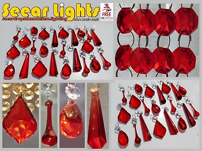 RED CHANDELIER BEADS GLASS CRYSTALS DROPS DROPLETS LIGHT VINTAGE WEDDING CHARMS GBP 33.59
