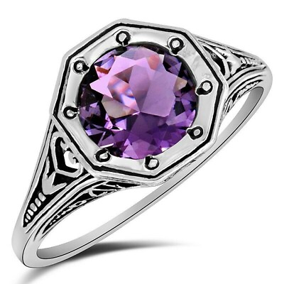 #ad Natural 3CT Amethyst 925 Solid Sterling Silver Filigree Ring Sz 67 FM2 $29.99