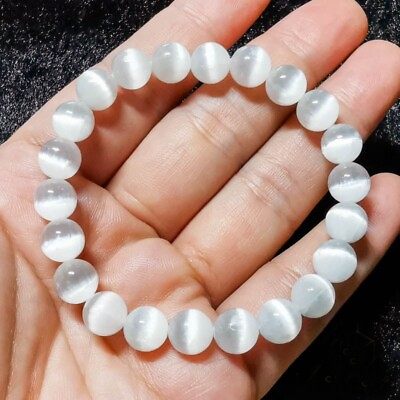 #ad Natural Selenite Stone Bracelet 8mm White Clear Crystal Stone Stretch Bracelet $18.00