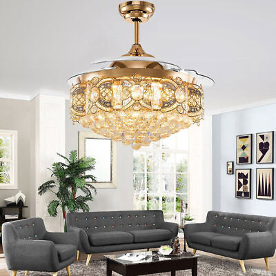 Gold 42quot;Crystal Chandelier Invisible Ceiling Fan LED 3 Color Change Remote $167.99