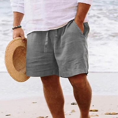 #ad Mens Summer Cotton Linen Shorts Drawstring Beach Hawaiian Waist Short Pants $19.64