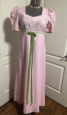#ad Vintage Pink Flocked Floral Dress Green Trim Women’s XS S puff Sleeve 60s 70s $60.00