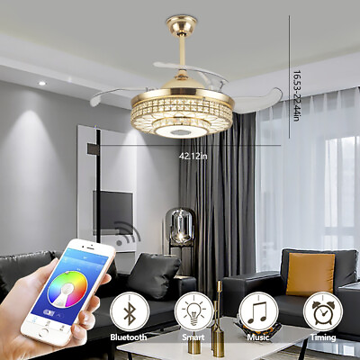 42quot; Retractable LED Ceiling Fan Light Crystal Chandelier Bluetooth Music Player $159.00