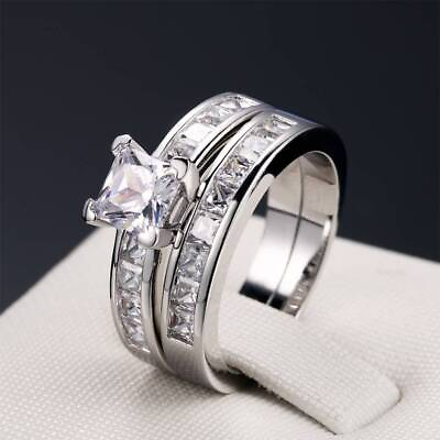 #ad Princess Round Cut AAA CZ Stainless Steel Wedding Band Ring Set Women Size 6 10 $8.73