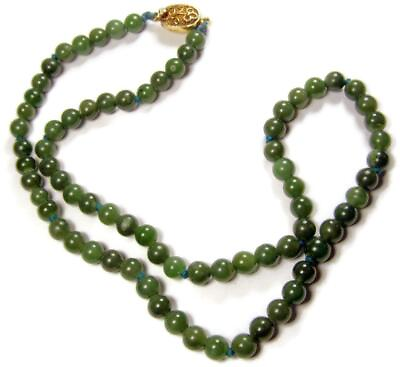 #ad 1920s Chinese Export Art Deco Spinach Jade Bead Necklace Gold Vermeil Closure $257.99