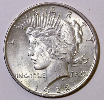#ad 1922 Peace Silver Dollar US $1 Coin 90% Silver AU UNC $33.89