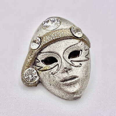 #ad Vintage Silver Pewter Cubic Zirconia Venetian Mask Masquerade Brooch Pin $35.00