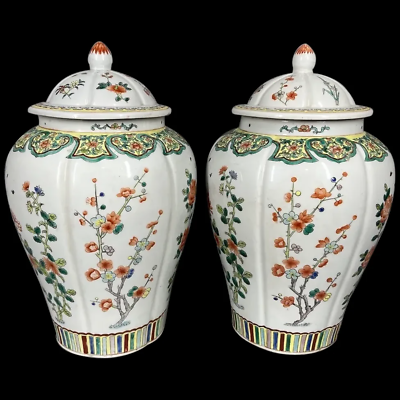#ad Exquisite 20th Century Chinese Family Verte Porcelain Vases with Original Lids $585.00