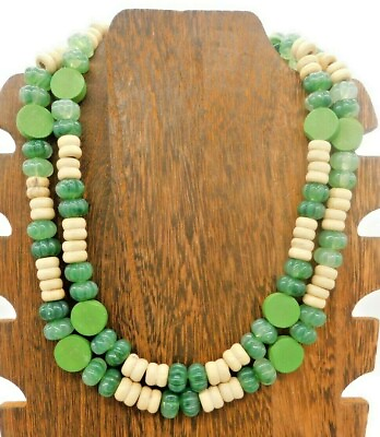 #ad Lucite Plastic Wood Round Disk Donut Pumpkin Shape Green Brown Long 18quot; Necklace $11.24